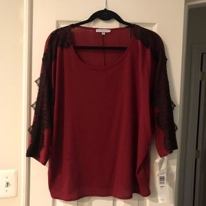 Merlot 3/4 Sleeve Blouse with Black Lace Overlay.